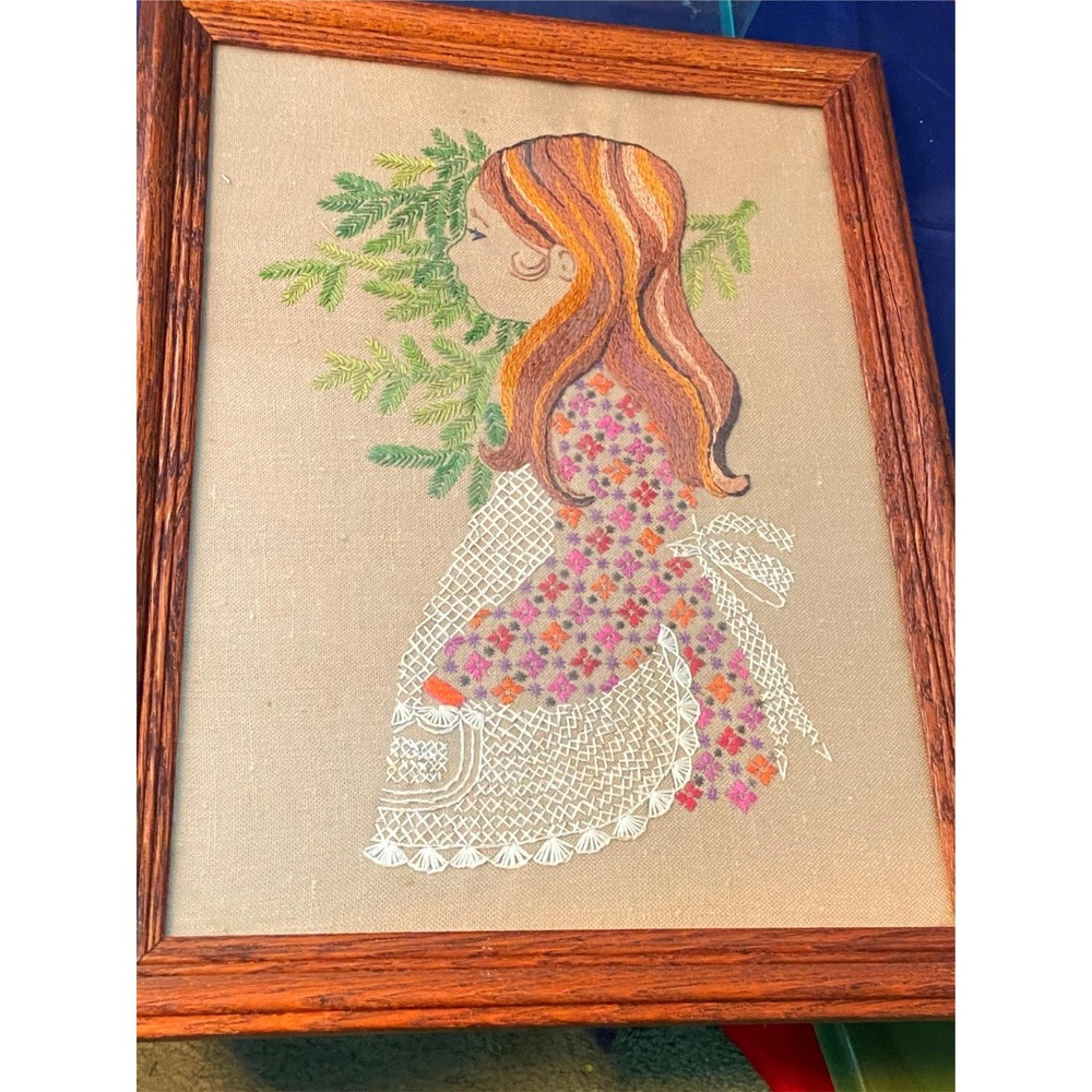 Vintage 1974 Hand Embroidered Needlepoint Girl with Flowers Framed Wall Art